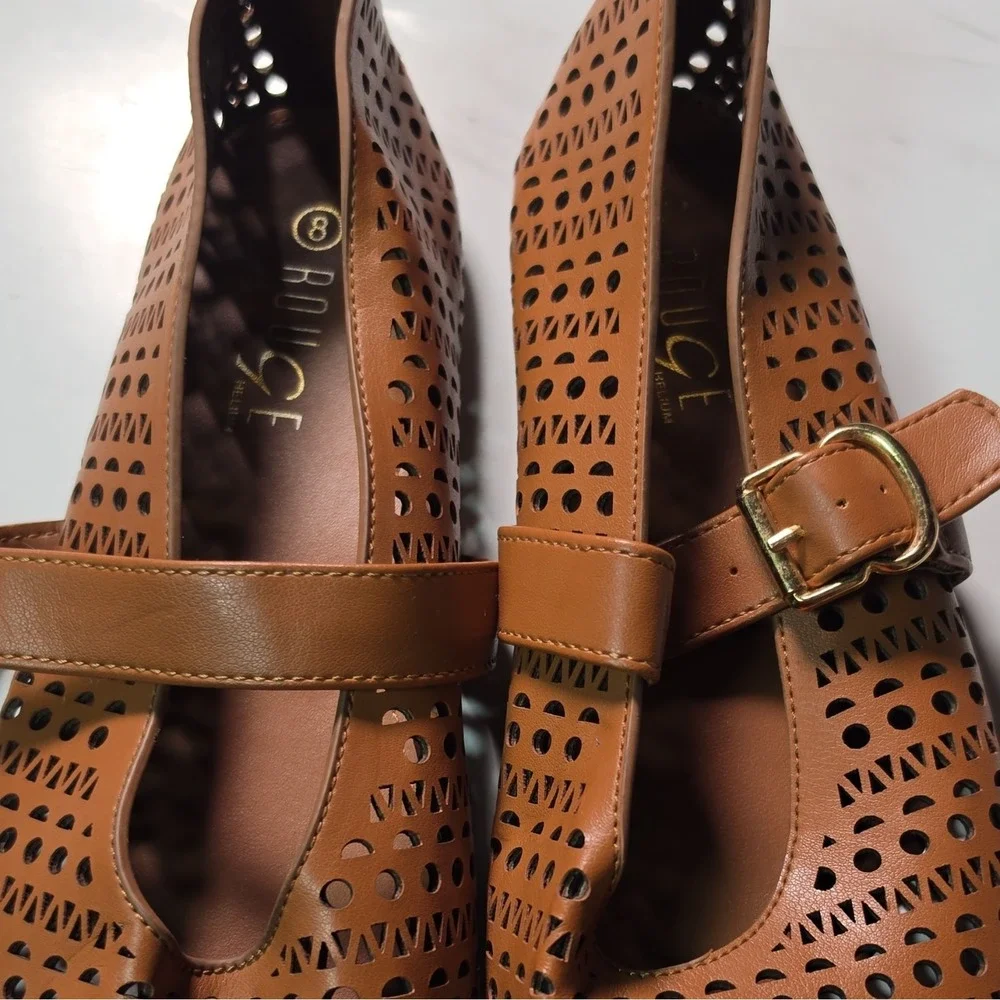 Rouge Helium Women's Brown Leather Cut-Out Mary Jane Flats Buckle US 8 EU 38